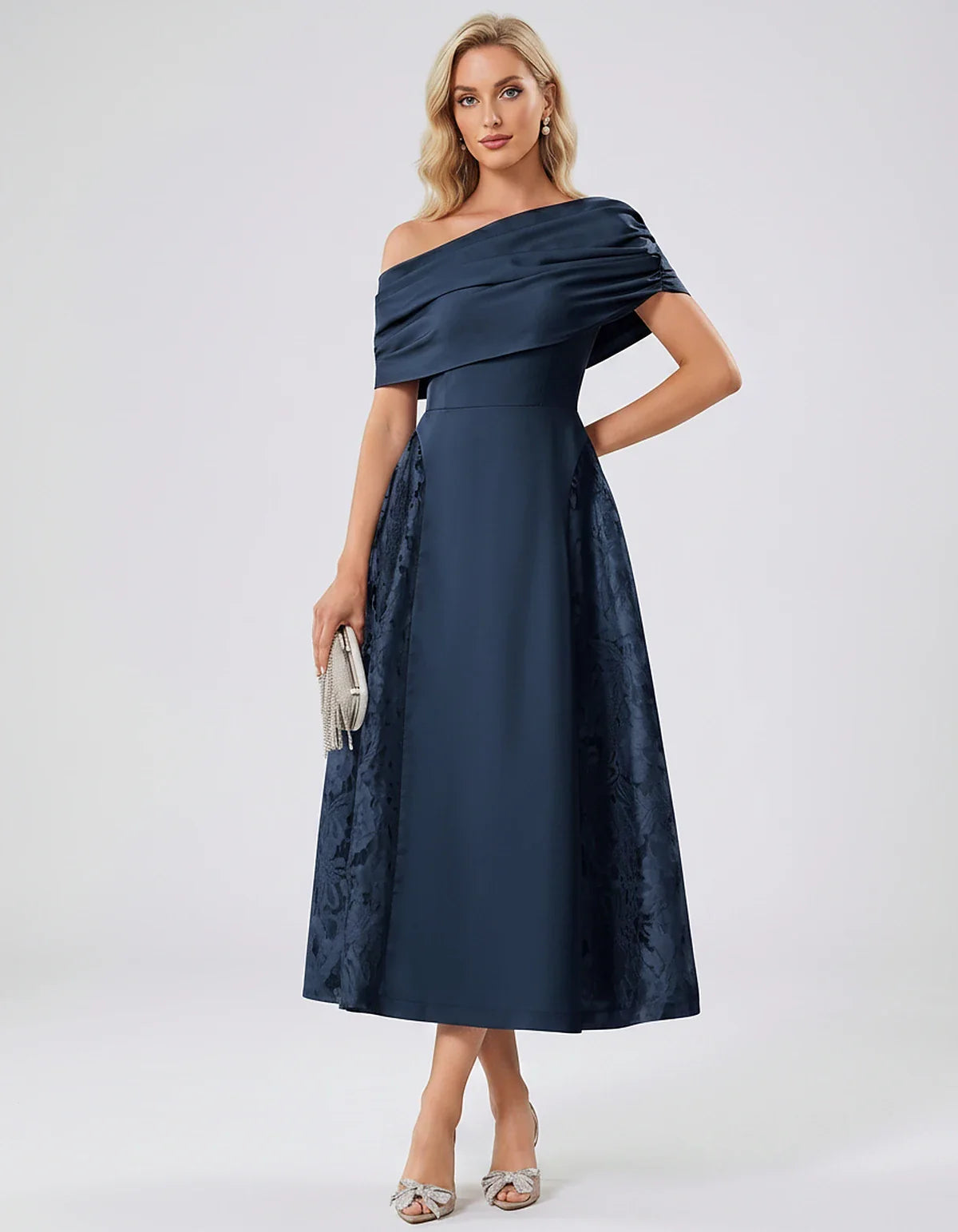 Satin Short Sleeve Off-Shoulder A-Line Midi Dress for Party, Cocktail, Evening, Wedding Guest, Summer Events & Formal Occasio | SKU: VMD-582714963852741-NAVY-L,VMD-582714963852741-NAVY-M,VMD-582714963852741-NAVY-S,VMD-582714963852741-NAVY-XL,VMD-582714963852741-NAVY-XS
