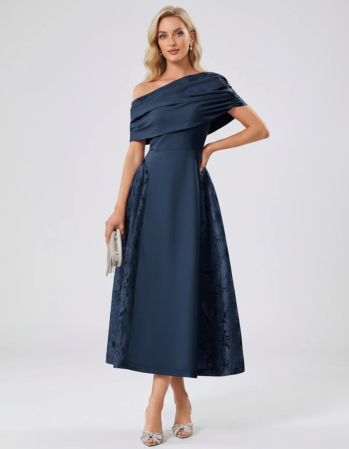 Satin Short Sleeve Off-Shoulder A-Line Midi Dress for Party, Cocktail, Evening, Wedding Guest, Summer Events & Formal Occasio | SKU: VMD-582714963852741-NAVY-L,VMD-582714963852741-NAVY-M,VMD-582714963852741-NAVY-S,VMD-582714963852741-NAVY-XL,VMD-582714963852741-NAVY-XS