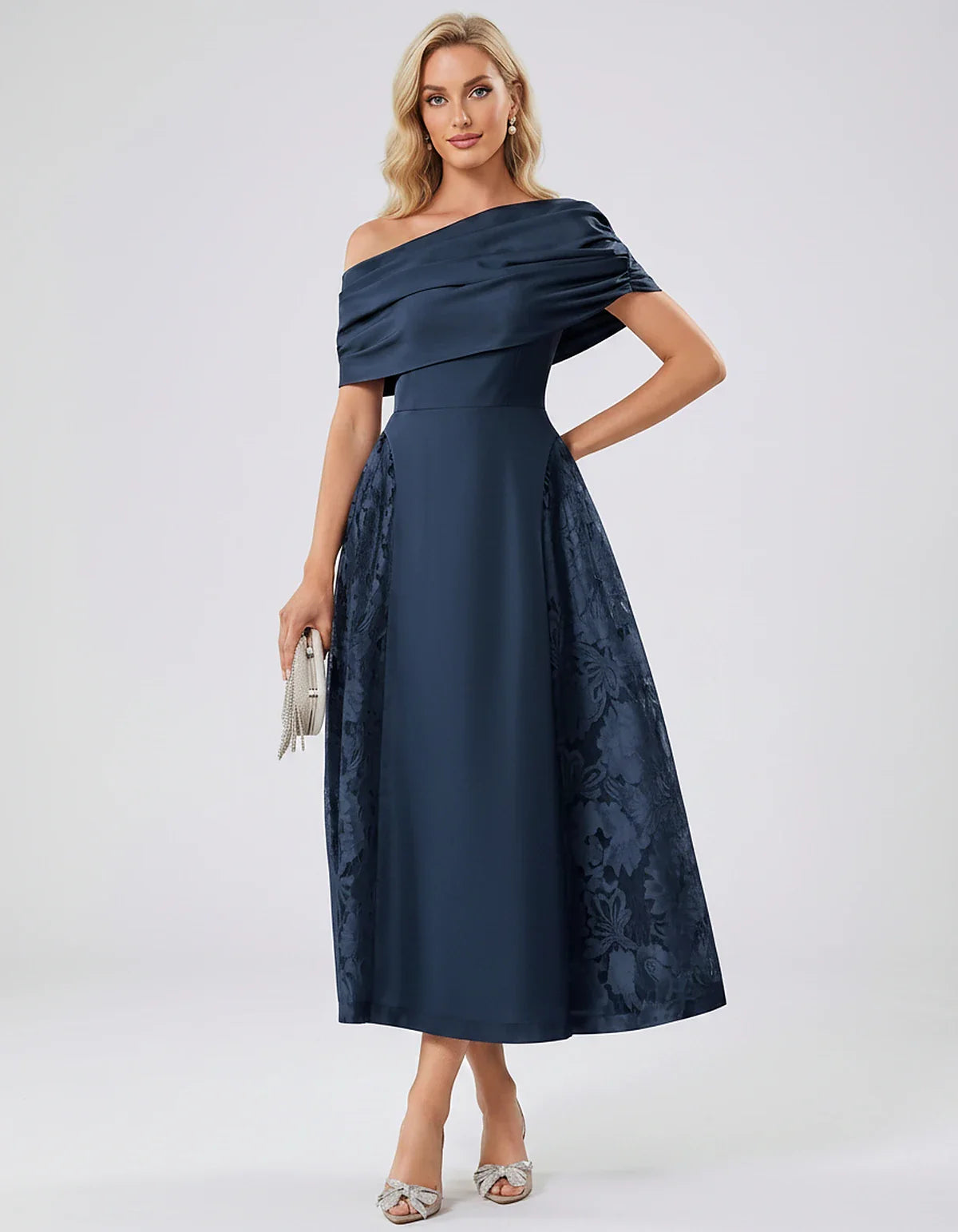 Satin Short Sleeve Off-Shoulder A-Line Midi Dress for Party, Cocktail, Evening, Wedding Guest, Summer Events & Formal Occasio | SKU: VMD-582714963852741-NAVY-L,VMD-582714963852741-NAVY-M,VMD-582714963852741-NAVY-S,VMD-582714963852741-NAVY-XL,VMD-582714963852741-NAVY-XS