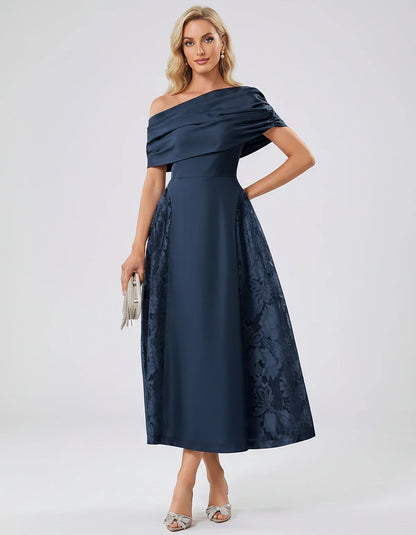 Satin Short Sleeve Off-Shoulder A-Line Midi Dress for Party, Cocktail, Evening, Wedding Guest, Summer Events & Formal Occasio | SKU: VMD-582714963852741-NAVY-L,VMD-582714963852741-NAVY-M,VMD-582714963852741-NAVY-S,VMD-582714963852741-NAVY-XL,VMD-582714963852741-NAVY-XS