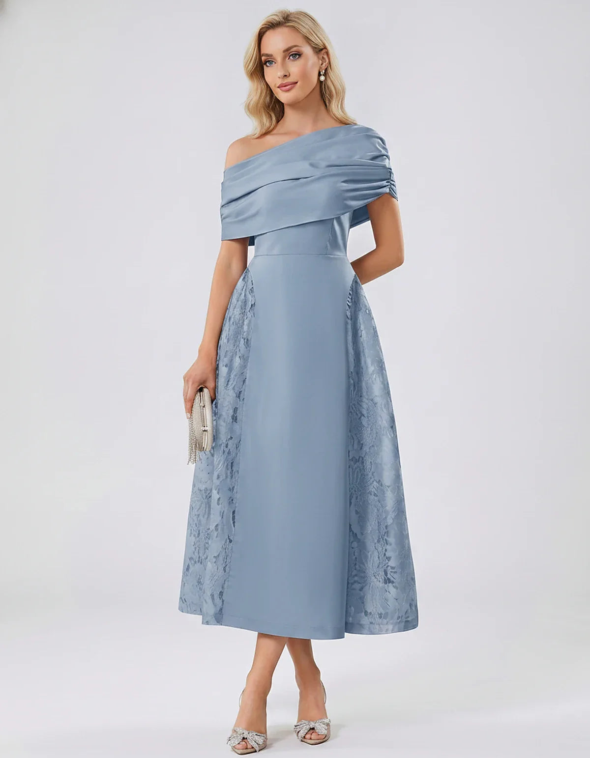 Satin Short Sleeve Off-Shoulder A-Line Midi Dress for Party, Cocktail, Evening, Wedding Guest, Summer Events & Formal Occasio | SKU: VMD-582714963852741-DUSTYBLUE-L,VMD-582714963852741-DUSTYBLUE-M,VMD-582714963852741-DUSTYBLUE-S,VMD-582714963852741-DUSTYBLUE-XL,VMD-582714963852741-DUSTYBLUE-XS