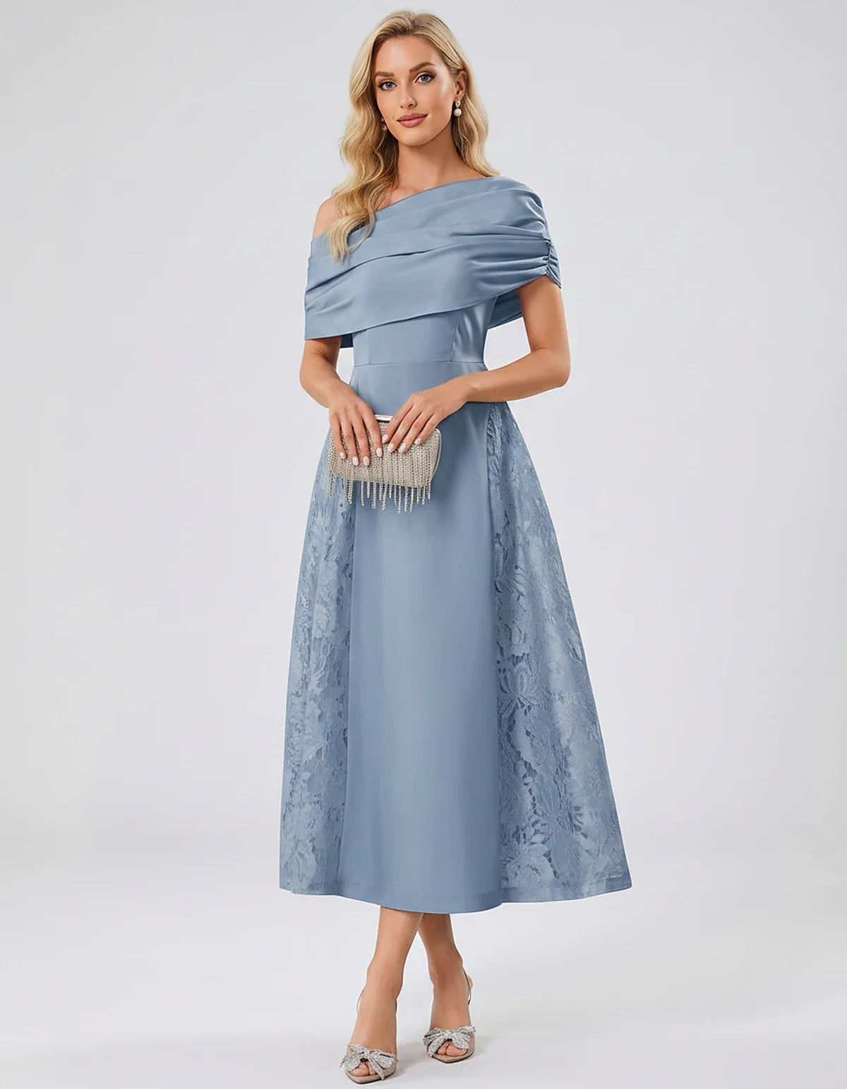 Satin Short Sleeve Off-Shoulder A-Line Midi Dress for Party, Cocktail, Evening, Wedding Guest, Summer Events & Formal Occasio | SKU: VMD-582714963852741-DUSTYBLUE-L,VMD-582714963852741-DUSTYBLUE-M,VMD-582714963852741-DUSTYBLUE-S,VMD-582714963852741-DUSTYBLUE-XL,VMD-582714963852741-DUSTYBLUE-XS