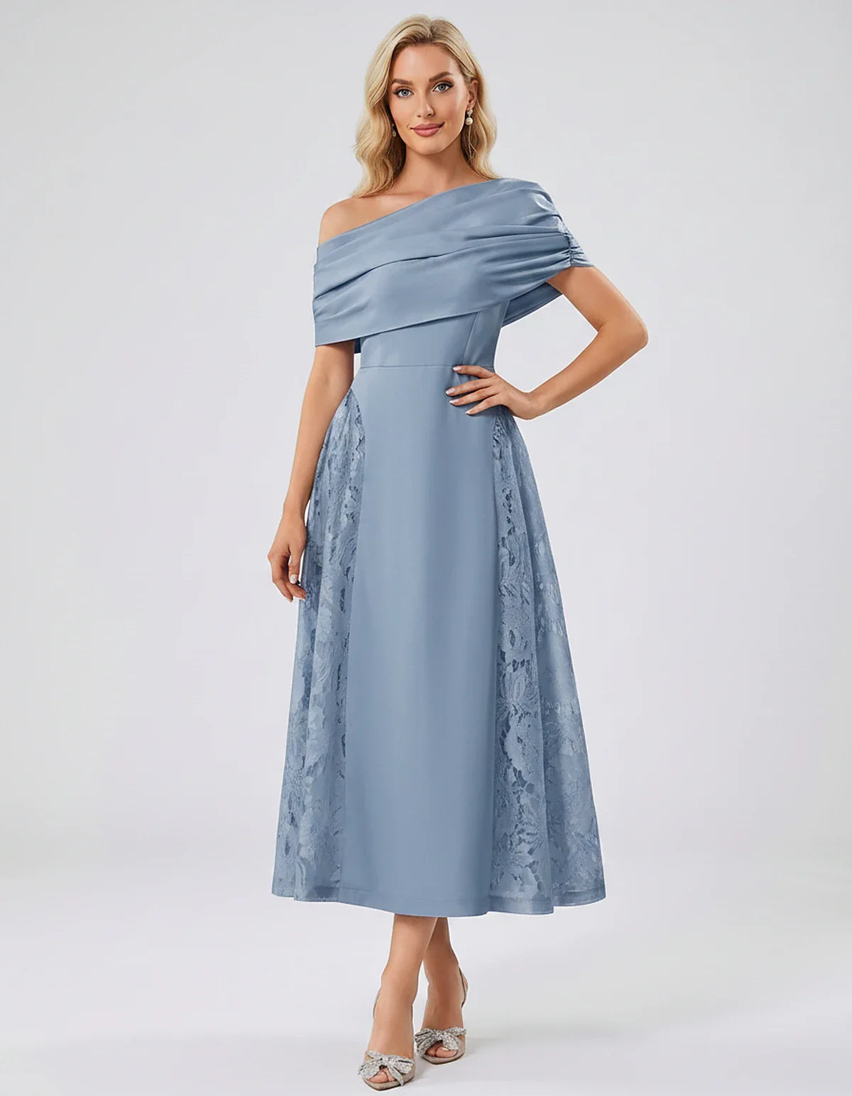Satin Short Sleeve Off-Shoulder A-Line Midi Dress for Party, Cocktail, Evening, Wedding Guest, Summer Events & Formal Occasio | SKU: VMD-582714963852741-DUSTYBLUE-L,VMD-582714963852741-DUSTYBLUE-M,VMD-582714963852741-DUSTYBLUE-S,VMD-582714963852741-DUSTYBLUE-XL,VMD-582714963852741-DUSTYBLUE-XS