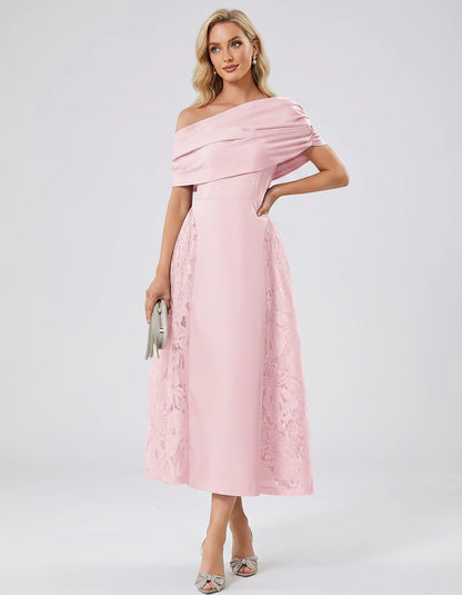 Satin Short Sleeve Off-Shoulder A-Line Midi Dress for Party, Cocktail, Evening, Wedding Guest, Summer Events & Formal Occasio | SKU: VMD-582714963852741-PINK-L,VMD-582714963852741-PINK-M,VMD-582714963852741-PINK-S,VMD-582714963852741-PINK-XL,VMD-582714963852741-PINK-XS
