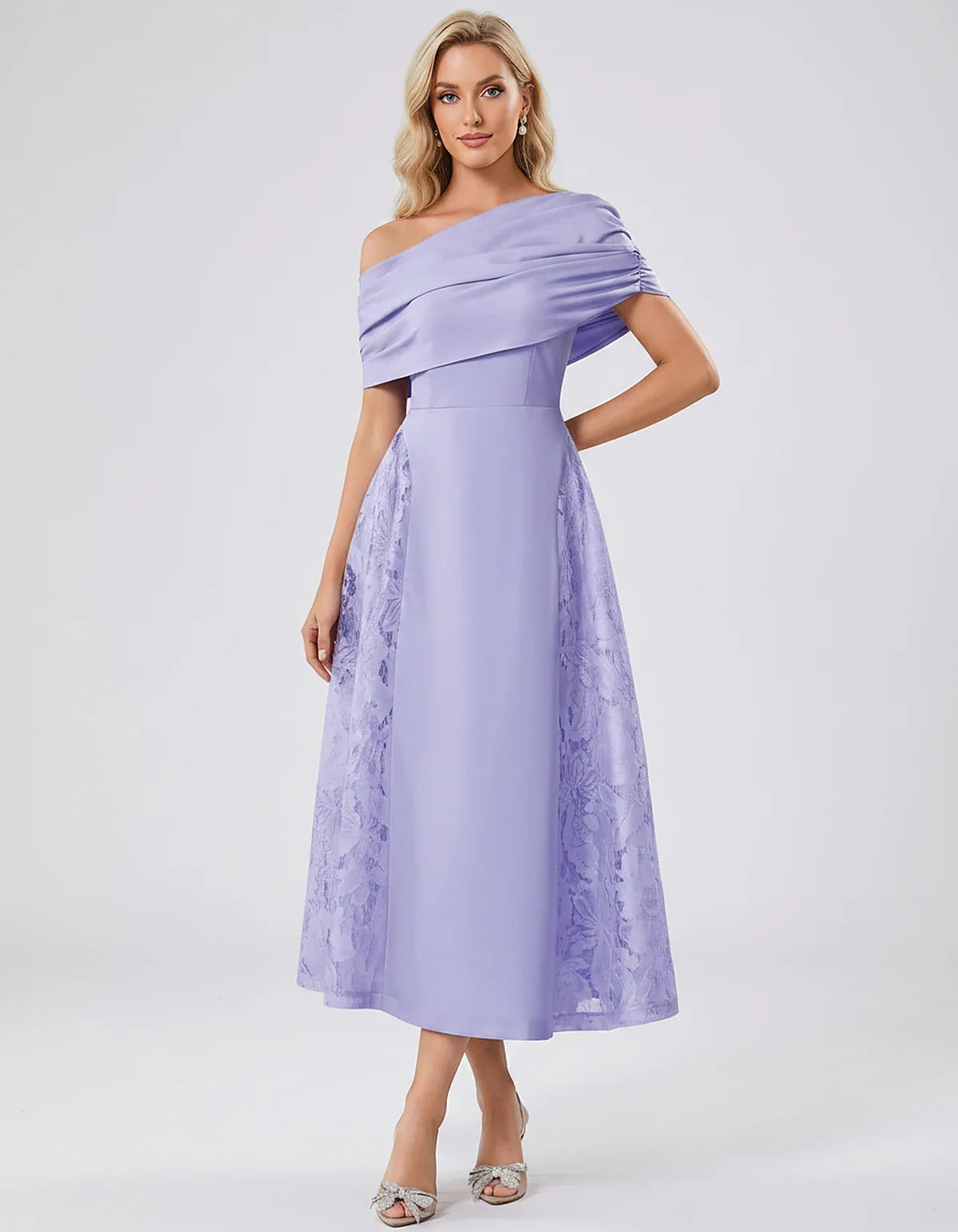 Satin Short Sleeve Off-Shoulder A-Line Midi Dress for Party, Cocktail, Evening, Wedding Guest, Summer Events & Formal Occasio | SKU: VMD-582714963852741-LAVENDER-L,VMD-582714963852741-LAVENDER-M,VMD-582714963852741-LAVENDER-S,VMD-582714963852741-LAVENDER-XL,VMD-582714963852741-LAVENDER-XS