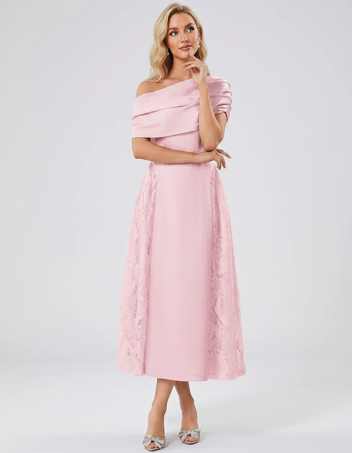 Satin Short Sleeve Off-Shoulder A-Line Midi Dress for Party, Cocktail, Evening, Wedding Guest, Summer Events & Formal Occasio | SKU: VMD-582714963852741-PINK-L,VMD-582714963852741-PINK-M,VMD-582714963852741-PINK-S,VMD-582714963852741-PINK-XL,VMD-582714963852741-PINK-XS