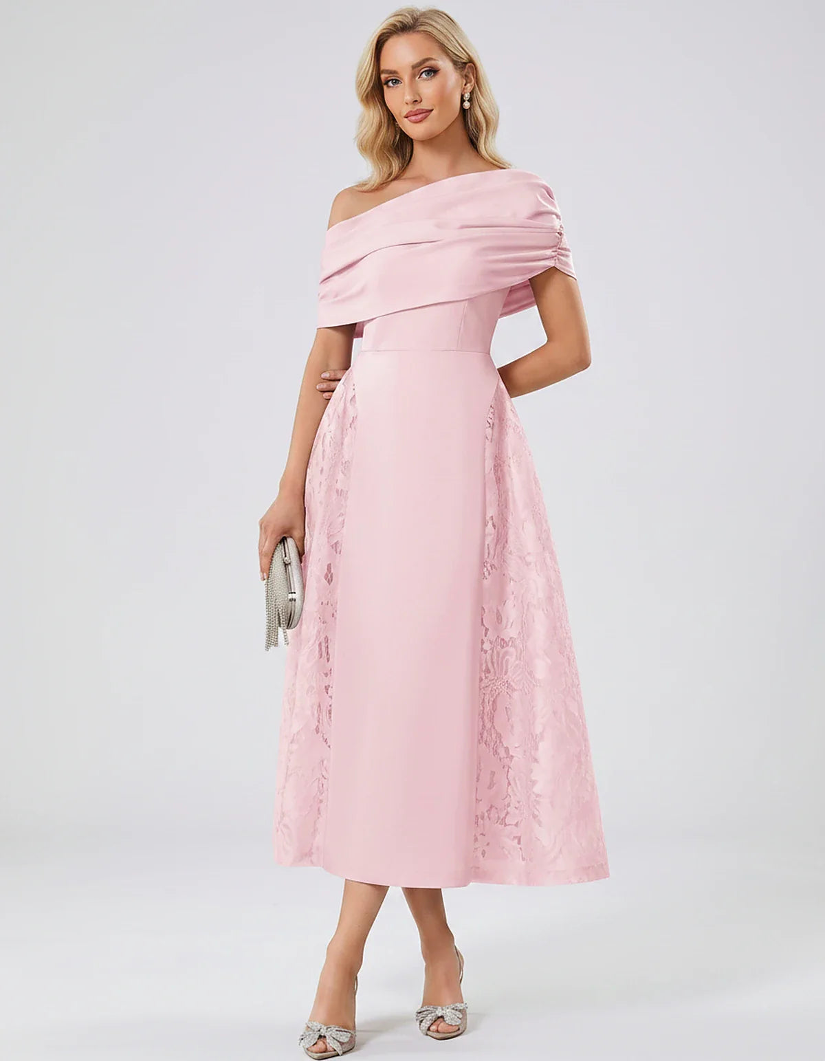 Satin Short Sleeve Off-Shoulder A-Line Midi Dress for Party, Cocktail, Evening, Wedding Guest, Summer Events & Formal Occasio | SKU: VMD-582714963852741-PINK-L,VMD-582714963852741-PINK-M,VMD-582714963852741-PINK-S,VMD-582714963852741-PINK-XL,VMD-582714963852741-PINK-XS