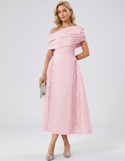Satin Short Sleeve Off-Shoulder A-Line Midi Dress for Party, Cocktail, Evening, Wedding Guest, Summer Events & Formal Occasio | SKU: VMD-582714963852741-PINK-L,VMD-582714963852741-PINK-M,VMD-582714963852741-PINK-S,VMD-582714963852741-PINK-XL,VMD-582714963852741-PINK-XS