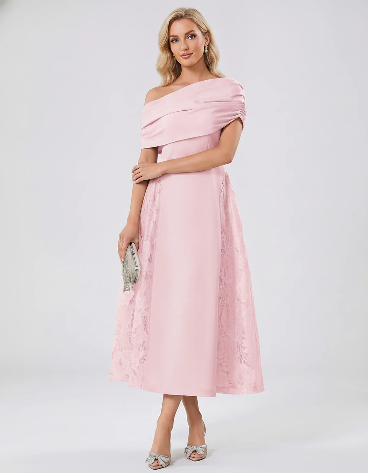 Satin Short Sleeve Off-Shoulder A-Line Midi Dress for Party, Cocktail, Evening, Wedding Guest, Summer Events & Formal Occasio | SKU: VMD-582714963852741-PINK-L,VMD-582714963852741-PINK-M,VMD-582714963852741-PINK-S,VMD-582714963852741-PINK-XL,VMD-582714963852741-PINK-XS