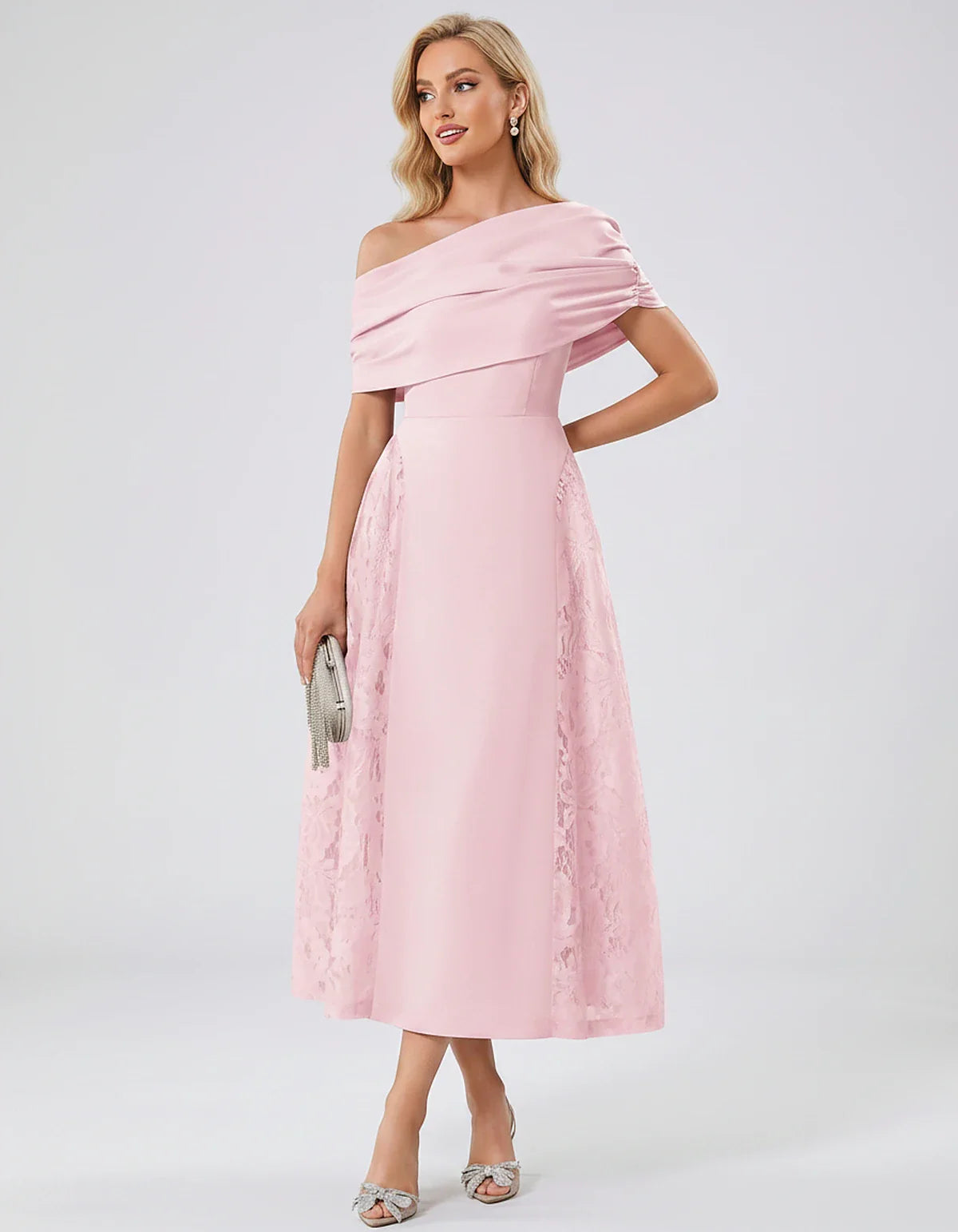 Satin Short Sleeve Off-Shoulder A-Line Midi Dress for Party, Cocktail, Evening, Wedding Guest, Summer Events & Formal Occasio | SKU: VMD-582714963852741-PINK-L,VMD-582714963852741-PINK-M,VMD-582714963852741-PINK-S,VMD-582714963852741-PINK-XL,VMD-582714963852741-PINK-XS