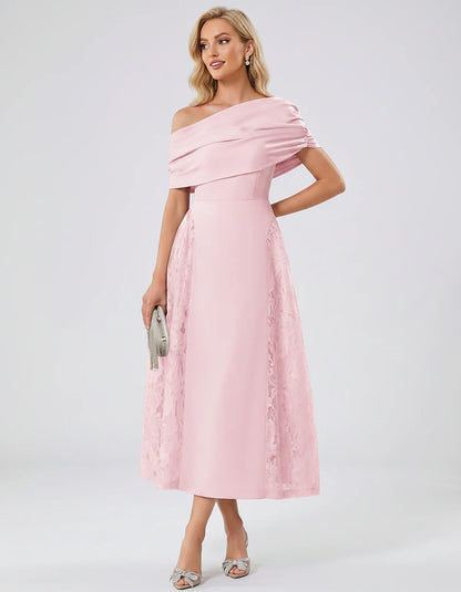 Satin Short Sleeve Off-Shoulder A-Line Midi Dress for Party, Cocktail, Evening, Wedding Guest, Summer Events & Formal Occasio | SKU: VMD-582714963852741-PINK-L,VMD-582714963852741-PINK-M,VMD-582714963852741-PINK-S,VMD-582714963852741-PINK-XL,VMD-582714963852741-PINK-XS
