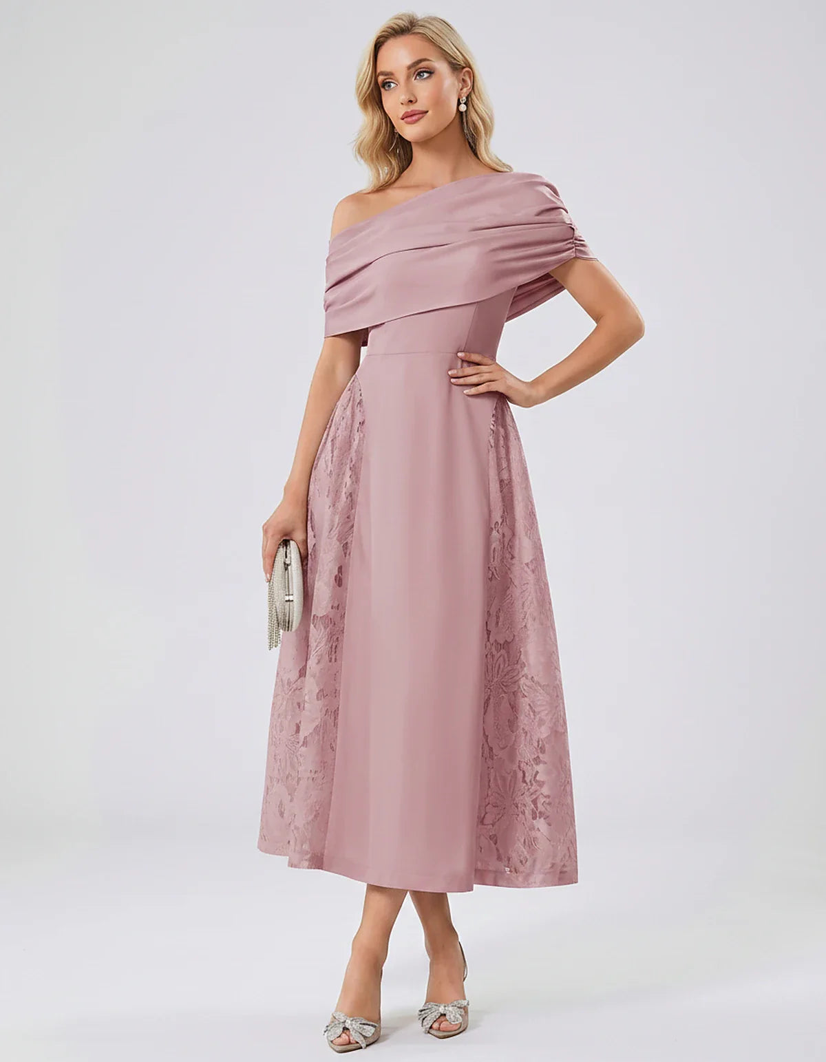 Satin Short Sleeve Off-Shoulder A-Line Midi Dress for Party, Cocktail, Evening, Wedding Guest, Summer Events & Formal Occasio | SKU: VMD-582714963852741-DUSTYROSE-L,VMD-582714963852741-DUSTYROSE-M,VMD-582714963852741-DUSTYROSE-S,VMD-582714963852741-DUSTYROSE-XL,VMD-582714963852741-DUSTYROSE-XS