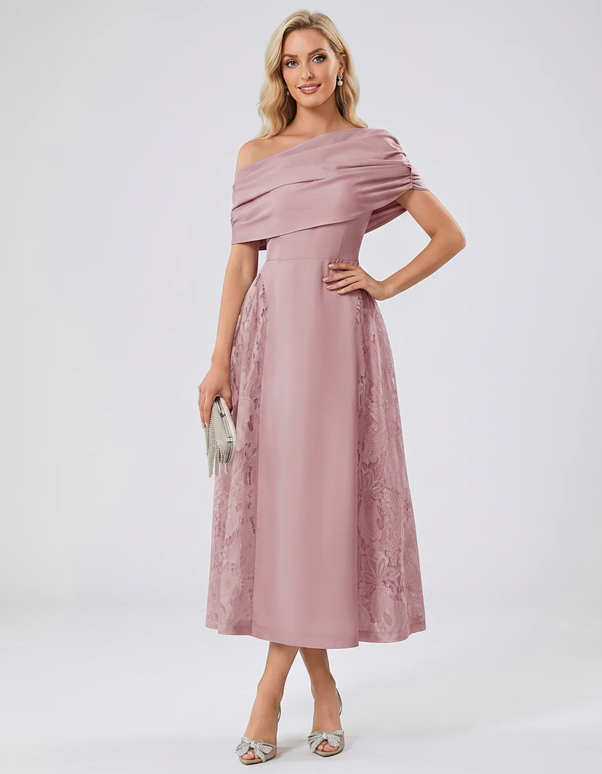Satin Short Sleeve Off-Shoulder A-Line Midi Dress for Party, Cocktail, Evening, Wedding Guest, Summer Events & Formal Occasio | SKU: VMD-582714963852741-DUSTYROSE-L,VMD-582714963852741-DUSTYROSE-M,VMD-582714963852741-DUSTYROSE-S,VMD-582714963852741-DUSTYROSE-XL,VMD-582714963852741-DUSTYROSE-XS
