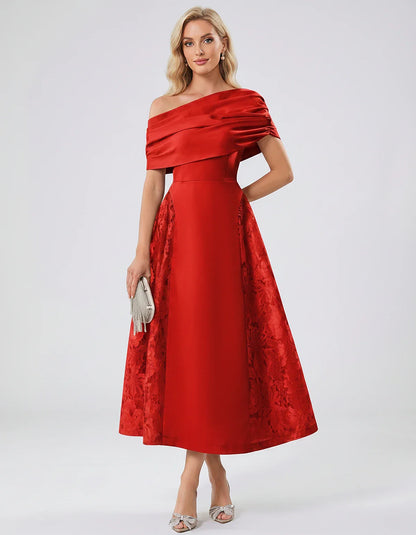 Satin Short Sleeve Off-Shoulder A-Line Midi Dress for Party, Cocktail, Evening, Wedding Guest, Summer Events & Formal Occasio | SKU: VMD-582714963852741-RED-L,VMD-582714963852741-RED-M,VMD-582714963852741-RED-S,VMD-582714963852741-RED-XL,VMD-582714963852741-RED-XS