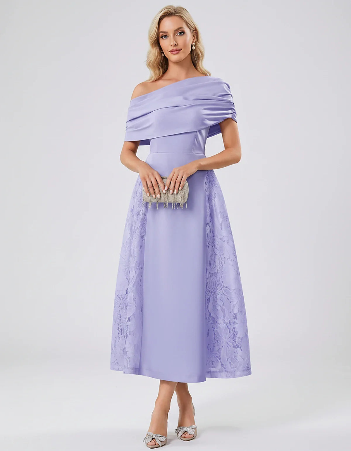 Satin Short Sleeve Off-Shoulder A-Line Midi Dress for Party, Cocktail, Evening, Wedding Guest, Summer Events & Formal Occasio | SKU: VMD-582714963852741-LAVENDER-L,VMD-582714963852741-LAVENDER-M,VMD-582714963852741-LAVENDER-S,VMD-582714963852741-LAVENDER-XL,VMD-582714963852741-LAVENDER-XS