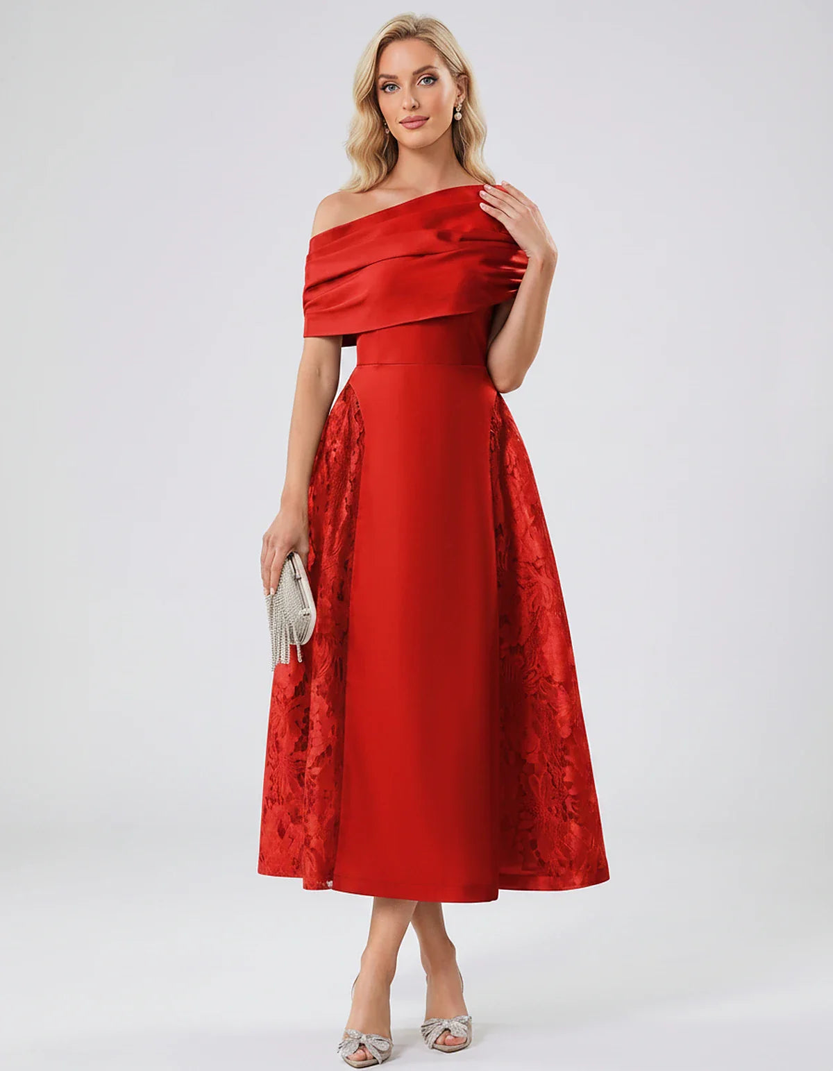 Satin Short Sleeve Off-Shoulder A-Line Midi Dress for Party, Cocktail, Evening, Wedding Guest, Summer Events & Formal Occasio | SKU: VMD-582714963852741-RED-L,VMD-582714963852741-RED-M,VMD-582714963852741-RED-S,VMD-582714963852741-RED-XL,VMD-582714963852741-RED-XS