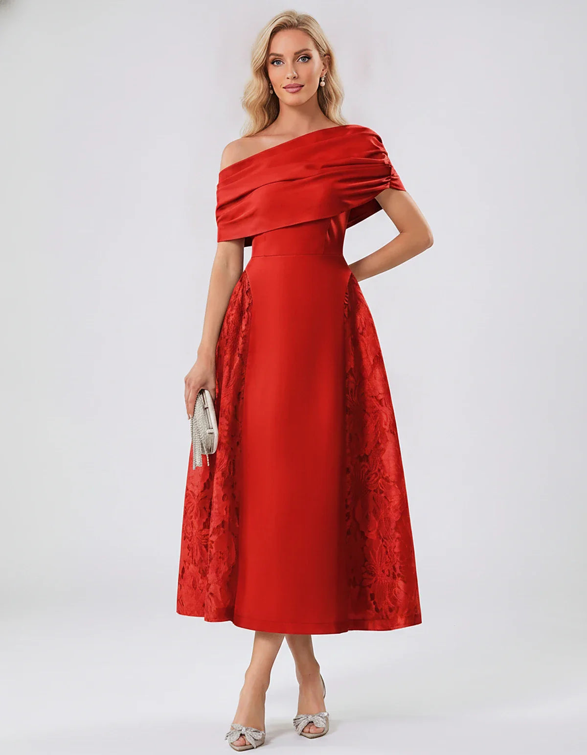 Satin Short Sleeve Off-Shoulder A-Line Midi Dress for Party, Cocktail, Evening, Wedding Guest, Summer Events & Formal Occasio | SKU: VMD-582714963852741-RED-L,VMD-582714963852741-RED-M,VMD-582714963852741-RED-S,VMD-582714963852741-RED-XL,VMD-582714963852741-RED-XS