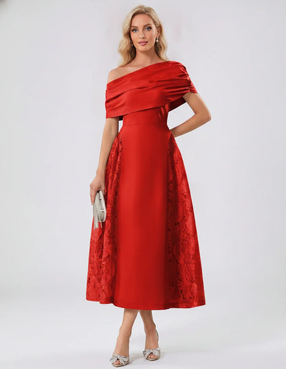 Satin Short Sleeve Off-Shoulder A-Line Midi Dress for Party, Cocktail, Evening, Wedding Guest, Summer Events & Formal Occasio | SKU: VMD-582714963852741-RED-L,VMD-582714963852741-RED-M,VMD-582714963852741-RED-S,VMD-582714963852741-RED-XL,VMD-582714963852741-RED-XS