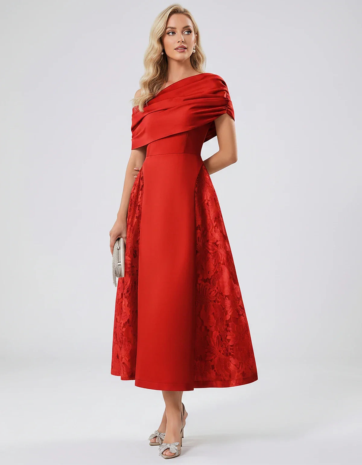 Satin Short Sleeve Off-Shoulder A-Line Midi Dress for Party, Cocktail, Evening, Wedding Guest, Summer Events & Formal Occasio | SKU: VMD-582714963852741-RED-L,VMD-582714963852741-RED-M,VMD-582714963852741-RED-S,VMD-582714963852741-RED-XL,VMD-582714963852741-RED-XS