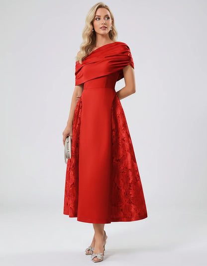 Satin Short Sleeve Off-Shoulder A-Line Midi Dress for Party, Cocktail, Evening, Wedding Guest, Summer Events & Formal Occasio | SKU: VMD-582714963852741-RED-L,VMD-582714963852741-RED-M,VMD-582714963852741-RED-S,VMD-582714963852741-RED-XL,VMD-582714963852741-RED-XS