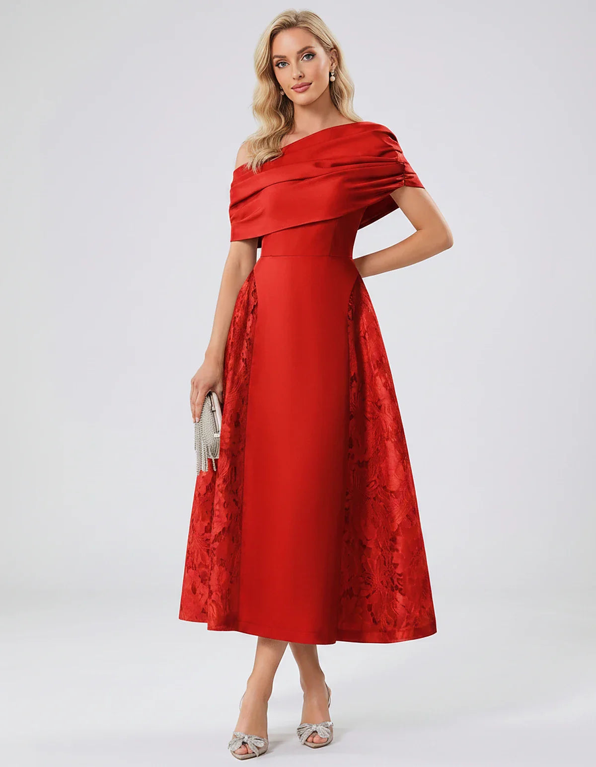 Satin Short Sleeve Off-Shoulder A-Line Midi Dress for Party, Cocktail, Evening, Wedding Guest, Summer Events & Formal Occasio | SKU: VMD-582714963852741-RED-L,VMD-582714963852741-RED-M,VMD-582714963852741-RED-S,VMD-582714963852741-RED-XL,VMD-582714963852741-RED-XS