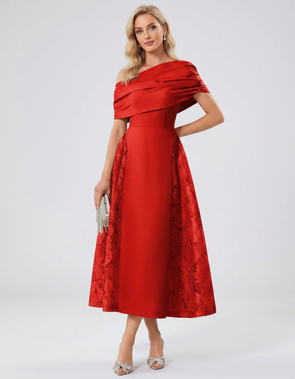 Satin Short Sleeve Off-Shoulder A-Line Midi Dress for Party, Cocktail, Evening, Wedding Guest, Summer Events & Formal Occasio | SKU: VMD-582714963852741-RED-L,VMD-582714963852741-RED-M,VMD-582714963852741-RED-S,VMD-582714963852741-RED-XL,VMD-582714963852741-RED-XS