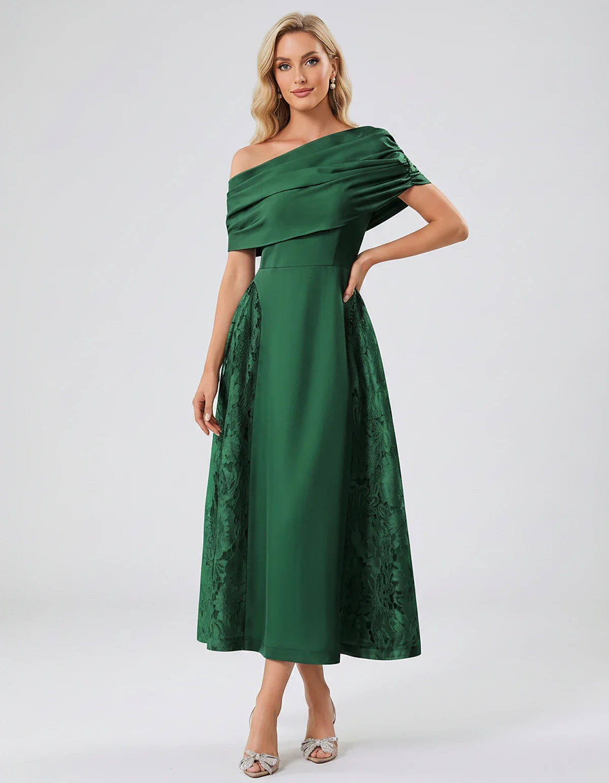 Satin Short Sleeve Off-Shoulder A-Line Midi Dress for Party, Cocktail, Evening, Wedding Guest, Summer Events & Formal Occasio | SKU: VMD-582714963852741-EMERALD-L,VMD-582714963852741-EMERALD-M,VMD-582714963852741-EMERALD-S,VMD-582714963852741-EMERALD-XL,VMD-582714963852741-EMERALD-XS