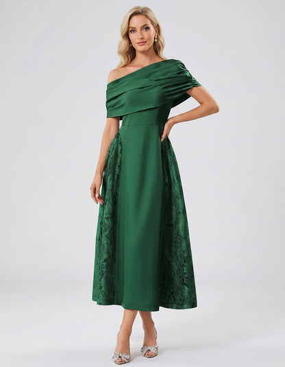 Satin Short Sleeve Off-Shoulder A-Line Midi Dress for Party, Cocktail, Evening, Wedding Guest, Summer Events & Formal Occasio | SKU: VMD-582714963852741-EMERALD-L,VMD-582714963852741-EMERALD-M,VMD-582714963852741-EMERALD-S,VMD-582714963852741-EMERALD-XL,VMD-582714963852741-EMERALD-XS