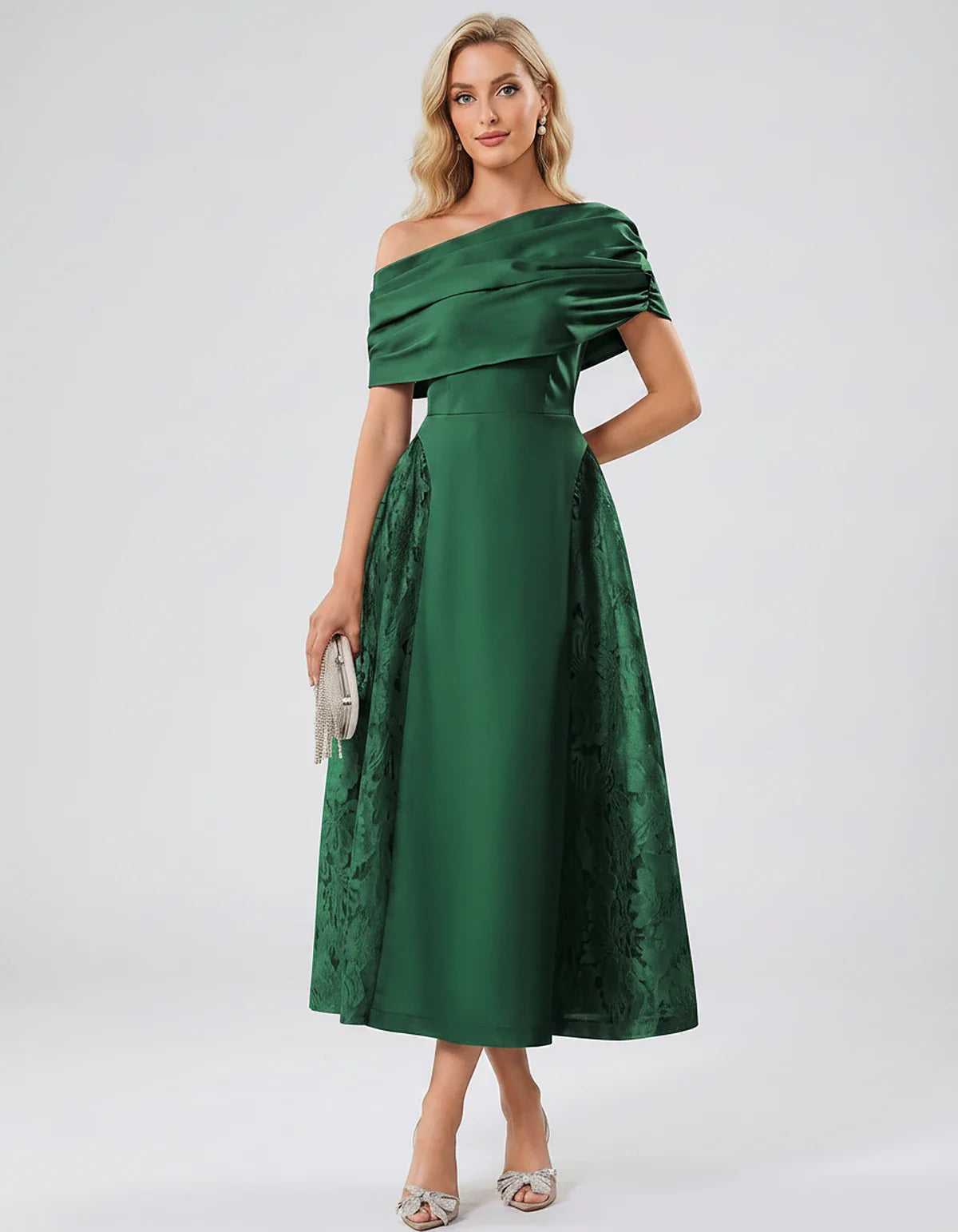 Satin Short Sleeve Off-Shoulder A-Line Midi Dress for Party, Cocktail, Evening, Wedding Guest, Summer Events & Formal Occasio | SKU: VMD-582714963852741-EMERALD-L,VMD-582714963852741-EMERALD-M,VMD-582714963852741-EMERALD-S,VMD-582714963852741-EMERALD-XL,VMD-582714963852741-EMERALD-XS
