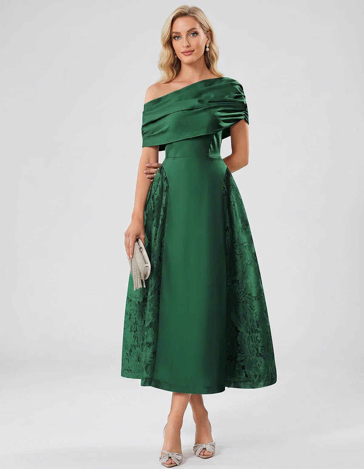 Satin Short Sleeve Off-Shoulder A-Line Midi Dress for Party, Cocktail, Evening, Wedding Guest, Summer Events & Formal Occasio | SKU: VMD-582714963852741-EMERALD-L,VMD-582714963852741-EMERALD-M,VMD-582714963852741-EMERALD-S,VMD-582714963852741-EMERALD-XL,VMD-582714963852741-EMERALD-XS