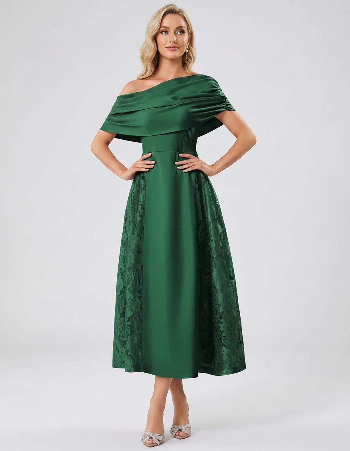 Satin Short Sleeve Off-Shoulder A-Line Midi Dress for Party, Cocktail, Evening, Wedding Guest, Summer Events & Formal Occasio | SKU: VMD-582714963852741-EMERALD-L,VMD-582714963852741-EMERALD-M,VMD-582714963852741-EMERALD-S,VMD-582714963852741-EMERALD-XL,VMD-582714963852741-EMERALD-XS