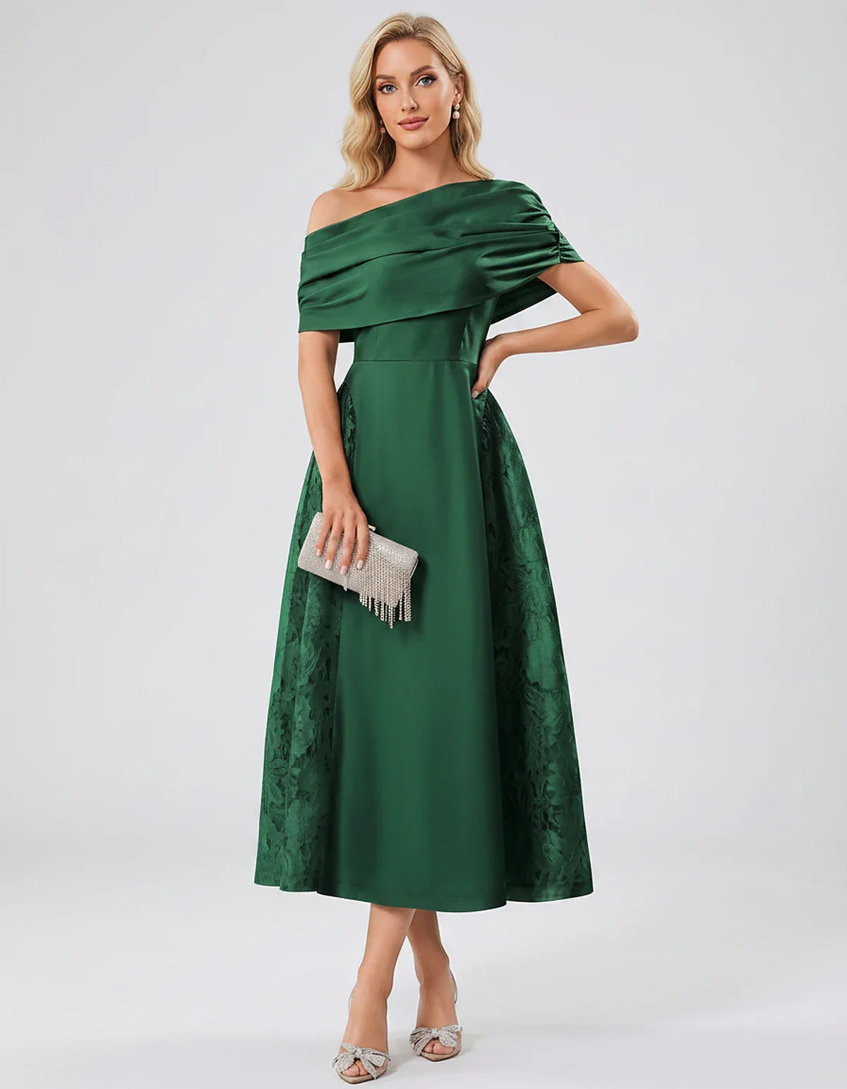 Satin Short Sleeve Off-Shoulder A-Line Midi Dress for Party, Cocktail, Evening, Wedding Guest, Summer Events & Formal Occasio | SKU: VMD-582714963852741-EMERALD-L,VMD-582714963852741-EMERALD-M,VMD-582714963852741-EMERALD-S,VMD-582714963852741-EMERALD-XL,VMD-582714963852741-EMERALD-XS