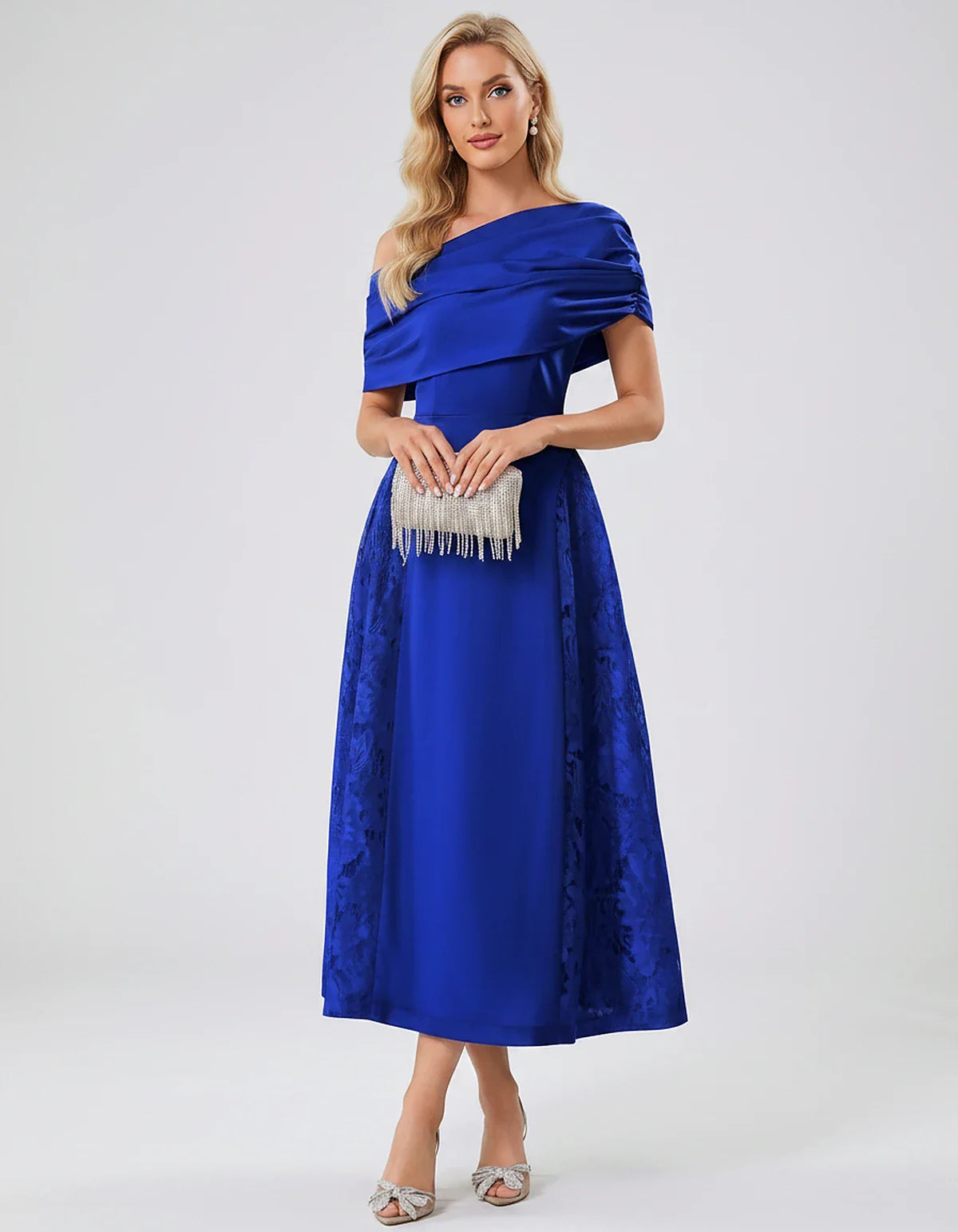 Satin Short Sleeve Off-Shoulder A-Line Midi Dress for Party, Cocktail, Evening, Wedding Guest, Summer Events & Formal Occasio | SKU: VMD-582714963852741-ROYALBLUE-L,VMD-582714963852741-ROYALBLUE-M,VMD-582714963852741-ROYALBLUE-S,VMD-582714963852741-ROYALBLUE-XL,VMD-582714963852741-ROYALBLUE-XS