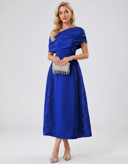 Satin Short Sleeve Off-Shoulder A-Line Midi Dress for Party, Cocktail, Evening, Wedding Guest, Summer Events & Formal Occasio | SKU: VMD-582714963852741-ROYALBLUE-L,VMD-582714963852741-ROYALBLUE-M,VMD-582714963852741-ROYALBLUE-S,VMD-582714963852741-ROYALBLUE-XL,VMD-582714963852741-ROYALBLUE-XS