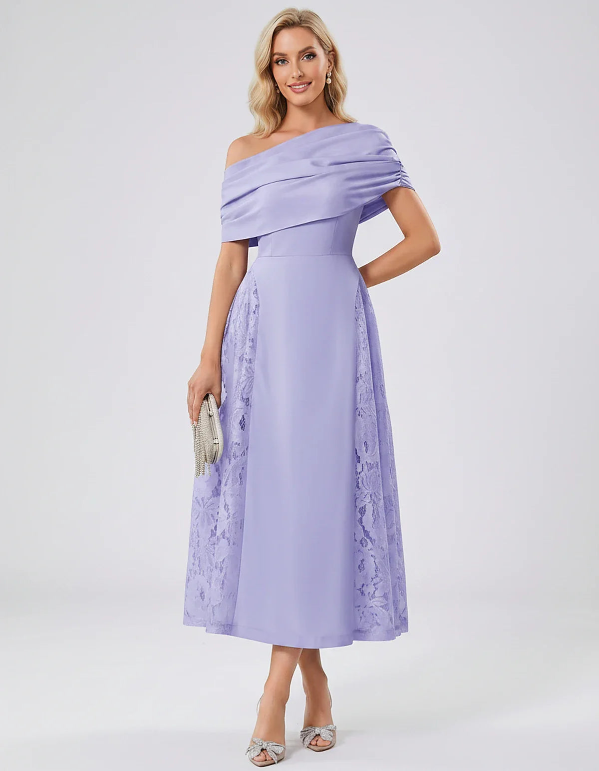 Satin Short Sleeve Off-Shoulder A-Line Midi Dress for Party, Cocktail, Evening, Wedding Guest, Summer Events & Formal Occasio | SKU: VMD-582714963852741-LAVENDER-L,VMD-582714963852741-LAVENDER-M,VMD-582714963852741-LAVENDER-S,VMD-582714963852741-LAVENDER-XL,VMD-582714963852741-LAVENDER-XS