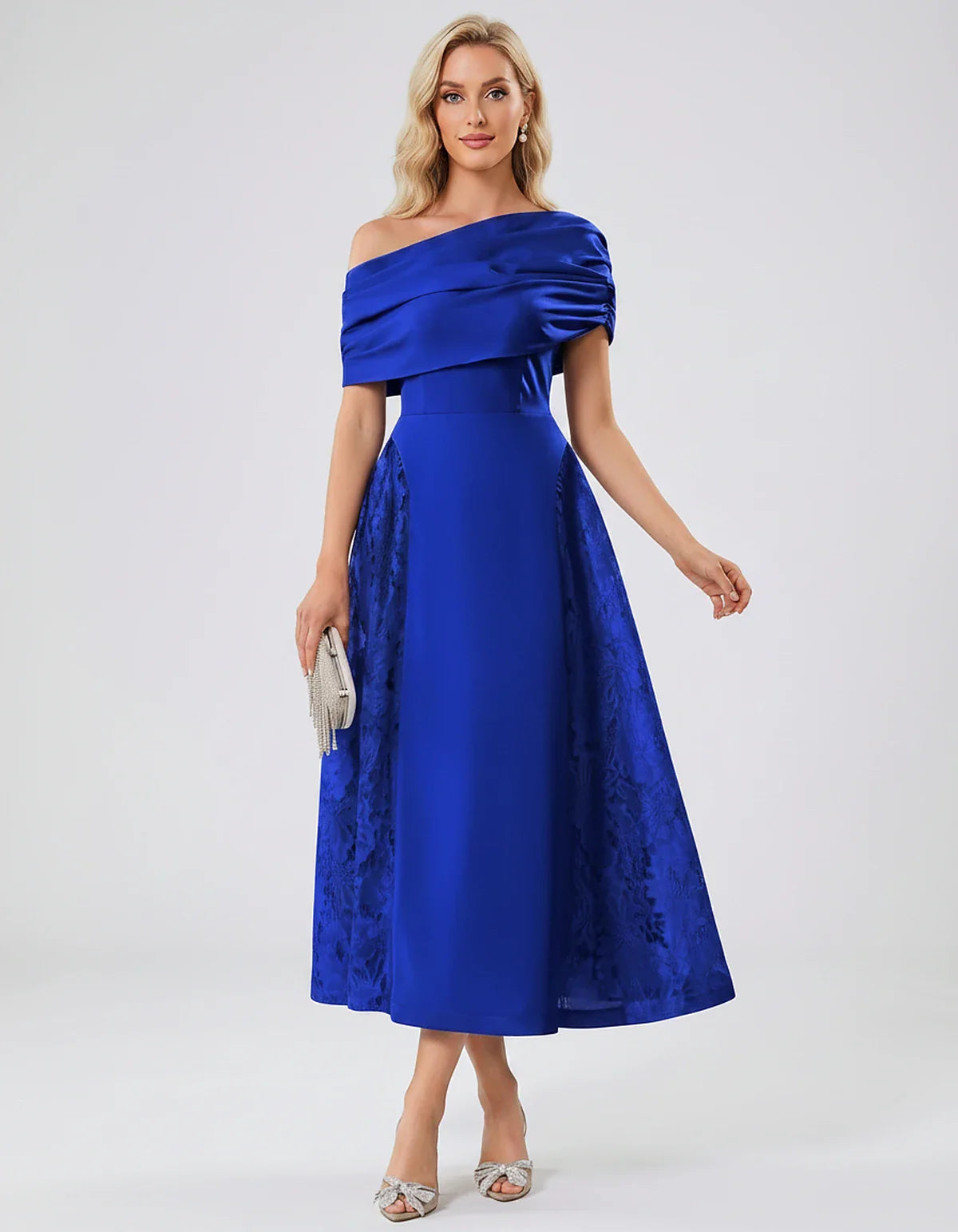 Satin Short Sleeve Off-Shoulder A-Line Midi Dress for Party, Cocktail, Evening, Wedding Guest, Summer Events & Formal Occasio | SKU: VMD-582714963852741-ROYALBLUE-L,VMD-582714963852741-ROYALBLUE-M,VMD-582714963852741-ROYALBLUE-S,VMD-582714963852741-ROYALBLUE-XL,VMD-582714963852741-ROYALBLUE-XS