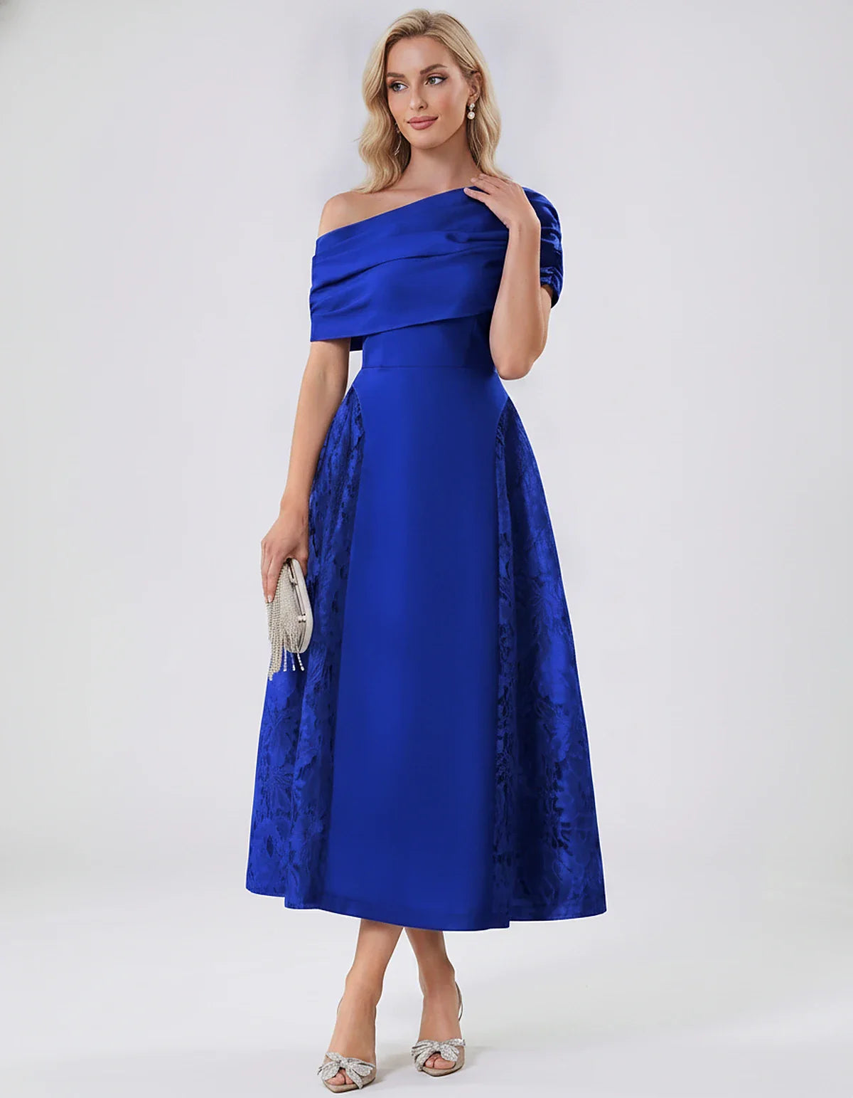 Satin Short Sleeve Off-Shoulder A-Line Midi Dress for Party, Cocktail, Evening, Wedding Guest, Summer Events & Formal Occasio | SKU: VMD-582714963852741-ROYALBLUE-L,VMD-582714963852741-ROYALBLUE-M,VMD-582714963852741-ROYALBLUE-S,VMD-582714963852741-ROYALBLUE-XL,VMD-582714963852741-ROYALBLUE-XS