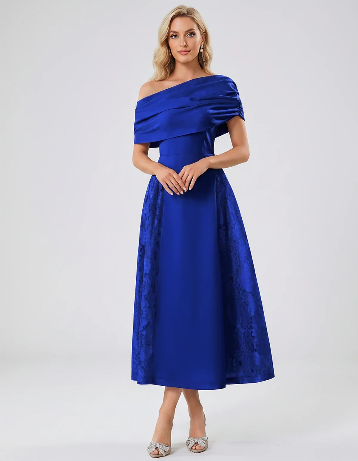 Satin Short Sleeve Off-Shoulder A-Line Midi Dress for Party, Cocktail, Evening, Wedding Guest, Summer Events & Formal Occasio | SKU: VMD-582714963852741-ROYALBLUE-L,VMD-582714963852741-ROYALBLUE-M,VMD-582714963852741-ROYALBLUE-S,VMD-582714963852741-ROYALBLUE-XL,VMD-582714963852741-ROYALBLUE-XS