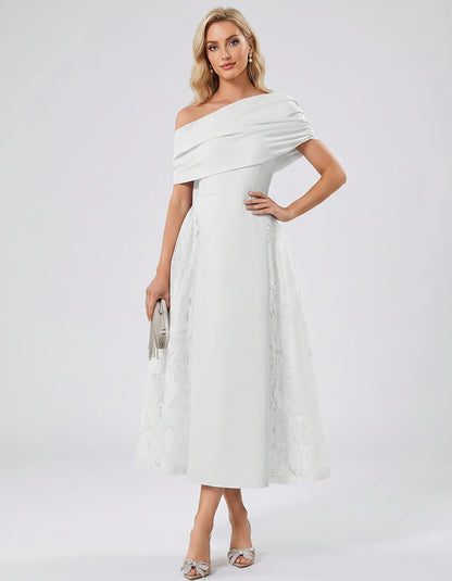 Satin Short Sleeve Off-Shoulder A-Line Midi Dress for Party, Cocktail, Evening, Wedding Guest, Summer Events & Formal Occasio | SKU: VMD-582714963852741-WHITE-L,VMD-582714963852741-WHITE-M,VMD-582714963852741-WHITE-S,VMD-582714963852741-WHITE-XL,VMD-582714963852741-WHITE-XS