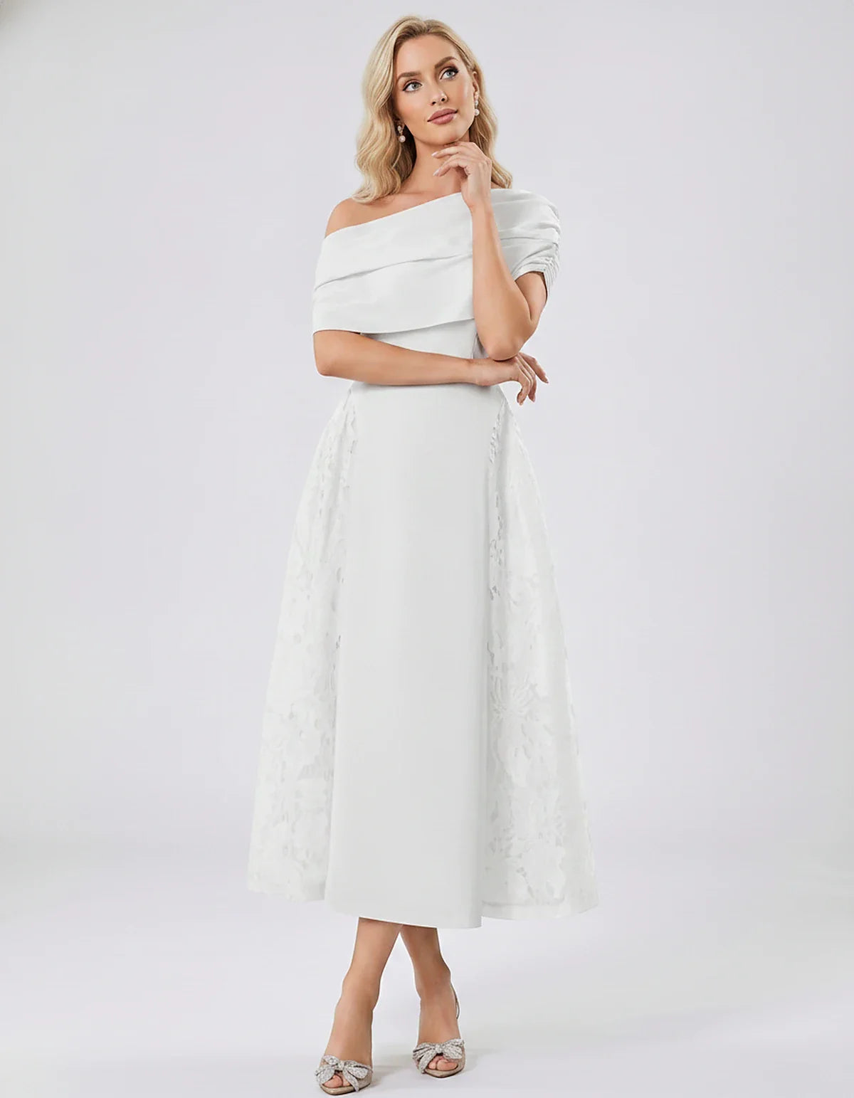 Satin Short Sleeve Off-Shoulder A-Line Midi Dress for Party, Cocktail, Evening, Wedding Guest, Summer Events & Formal Occasio | SKU: VMD-582714963852741-WHITE-L,VMD-582714963852741-WHITE-M,VMD-582714963852741-WHITE-S,VMD-582714963852741-WHITE-XL,VMD-582714963852741-WHITE-XS