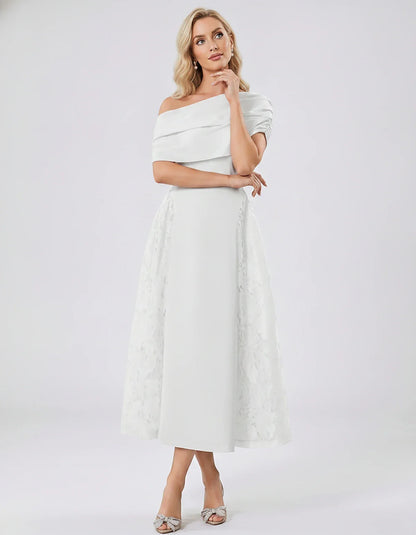 Satin Short Sleeve Off-Shoulder A-Line Midi Dress for Party, Cocktail, Evening, Wedding Guest, Summer Events & Formal Occasio | SKU: VMD-582714963852741-WHITE-L,VMD-582714963852741-WHITE-M,VMD-582714963852741-WHITE-S,VMD-582714963852741-WHITE-XL,VMD-582714963852741-WHITE-XS