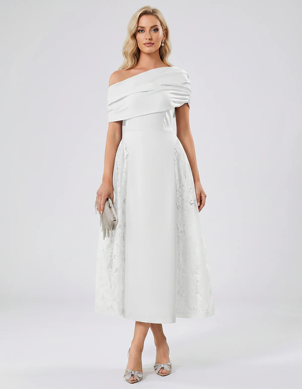 Satin Short Sleeve Off-Shoulder A-Line Midi Dress for Party, Cocktail, Evening, Wedding Guest, Summer Events & Formal Occasio | SKU: VMD-582714963852741-WHITE-L,VMD-582714963852741-WHITE-M,VMD-582714963852741-WHITE-S,VMD-582714963852741-WHITE-XL,VMD-582714963852741-WHITE-XS