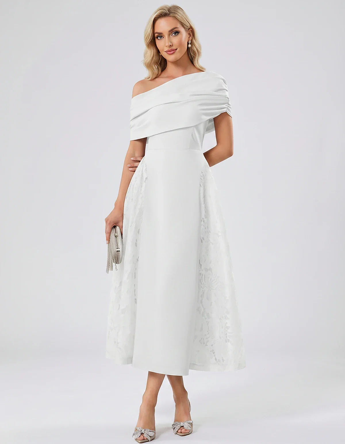 Satin Short Sleeve Off-Shoulder A-Line Midi Dress for Party, Cocktail, Evening, Wedding Guest, Summer Events & Formal Occasio | SKU: VMD-582714963852741-WHITE-L,VMD-582714963852741-WHITE-M,VMD-582714963852741-WHITE-S,VMD-582714963852741-WHITE-XL,VMD-582714963852741-WHITE-XS