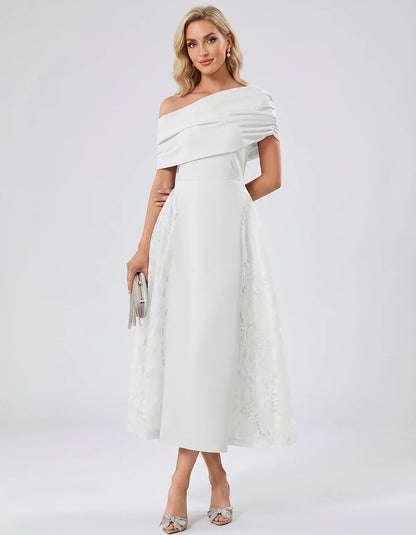 Satin Short Sleeve Off-Shoulder A-Line Midi Dress for Party, Cocktail, Evening, Wedding Guest, Summer Events & Formal Occasio | SKU: VMD-582714963852741-WHITE-L,VMD-582714963852741-WHITE-M,VMD-582714963852741-WHITE-S,VMD-582714963852741-WHITE-XL,VMD-582714963852741-WHITE-XS