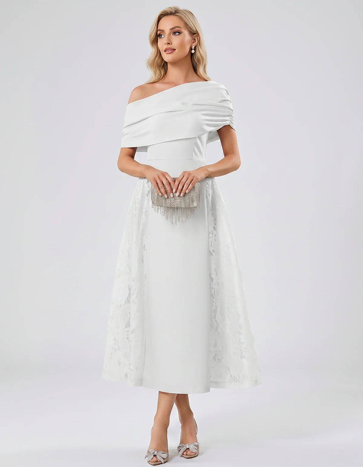 Satin Short Sleeve Off-Shoulder A-Line Midi Dress for Party, Cocktail, Evening, Wedding Guest, Summer Events & Formal Occasio | SKU: VMD-582714963852741-WHITE-L,VMD-582714963852741-WHITE-M,VMD-582714963852741-WHITE-S,VMD-582714963852741-WHITE-XL,VMD-582714963852741-WHITE-XS