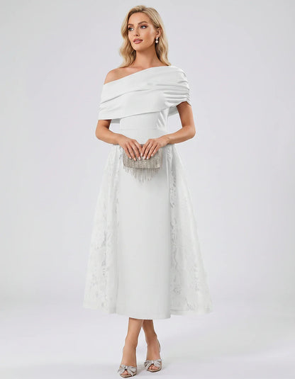Satin Short Sleeve Off-Shoulder A-Line Midi Dress for Party, Cocktail, Evening, Wedding Guest, Summer Events & Formal Occasio | SKU: VMD-582714963852741-WHITE-L,VMD-582714963852741-WHITE-M,VMD-582714963852741-WHITE-S,VMD-582714963852741-WHITE-XL,VMD-582714963852741-WHITE-XS