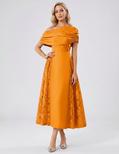 Satin Short Sleeve Off-Shoulder A-Line Midi Dress for Party, Cocktail, Evening, Wedding Guest, Summer Events & Formal Occasio | SKU: VMD-582714963852741-ORANGE-L,VMD-582714963852741-ORANGE-M,VMD-582714963852741-ORANGE-S,VMD-582714963852741-ORANGE-XL,VMD-582714963852741-ORANGE-XS