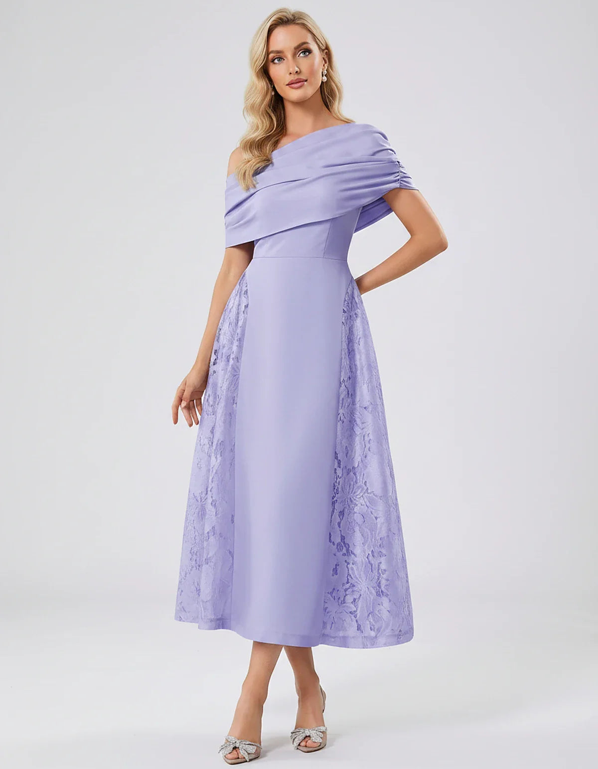 Satin Short Sleeve Off-Shoulder A-Line Midi Dress for Party, Cocktail, Evening, Wedding Guest, Summer Events & Formal Occasio | SKU: VMD-582714963852741-LAVENDER-L,VMD-582714963852741-LAVENDER-M,VMD-582714963852741-LAVENDER-S,VMD-582714963852741-LAVENDER-XL,VMD-582714963852741-LAVENDER-XS