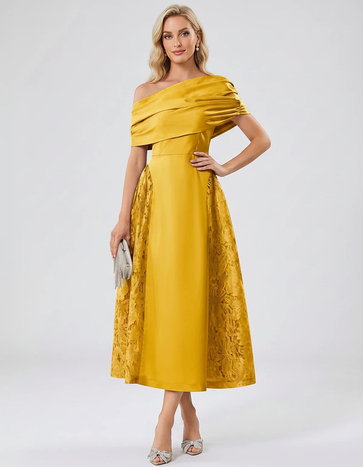 Satin Short Sleeve Off-Shoulder A-Line Midi Dress for Party, Cocktail, Evening, Wedding Guest, Summer Events & Formal Occasio | SKU: VMD-582714963852741-YELLOW-L,VMD-582714963852741-YELLOW-M,VMD-582714963852741-YELLOW-S,VMD-582714963852741-YELLOW-XL,VMD-582714963852741-YELLOW-XS
