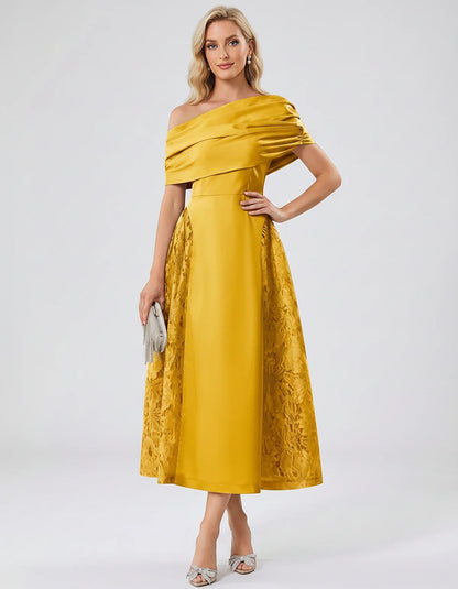 Satin Short Sleeve Off-Shoulder A-Line Midi Dress for Party, Cocktail, Evening, Wedding Guest, Summer Events & Formal Occasio | SKU: VMD-582714963852741-YELLOW-L,VMD-582714963852741-YELLOW-M,VMD-582714963852741-YELLOW-S,VMD-582714963852741-YELLOW-XL,VMD-582714963852741-YELLOW-XS